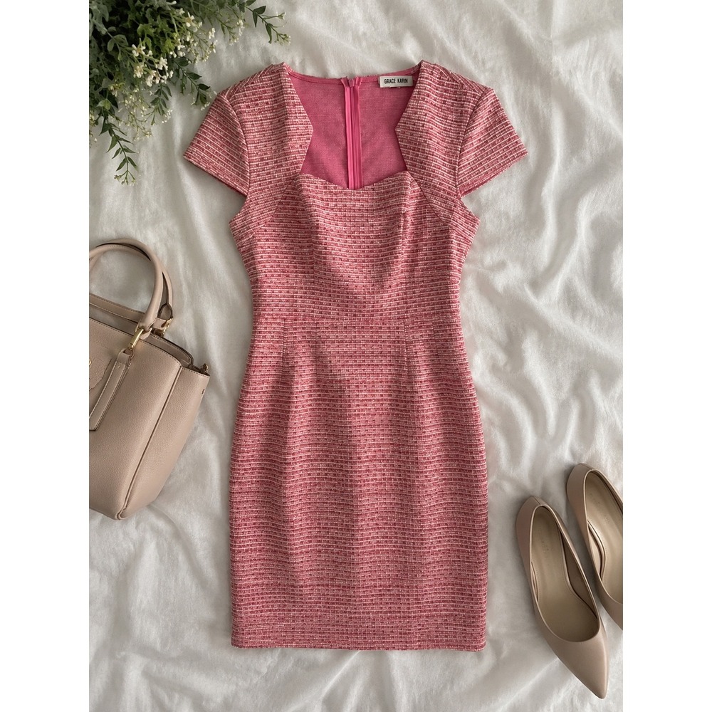 Grace Karin Pink Tweed Cap Sleeve Sheath Dress Notched Sweetheart Neckline NWT M
